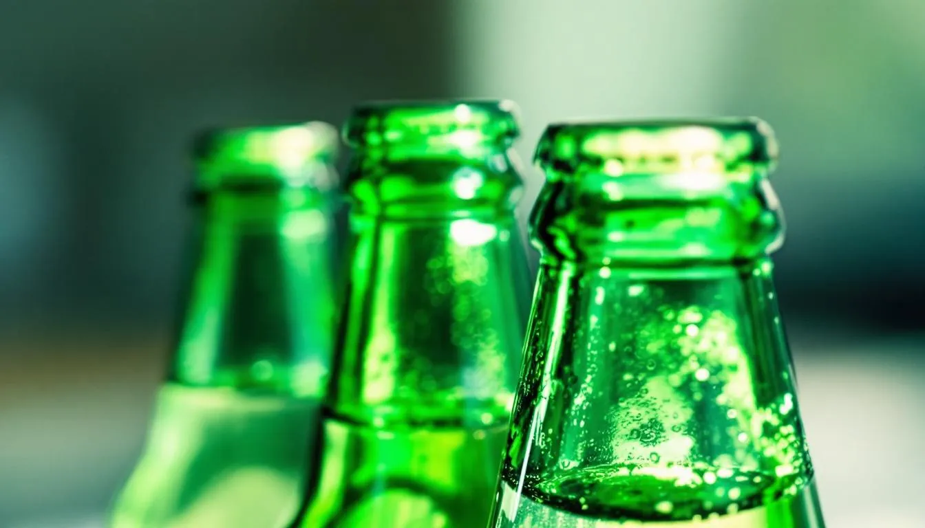 The image features a close-up view of cold green beer bottles made of emerald glass, showcasing their textured surface and the way light filters through, highlighting their protective properties for the craft beer inside. The bottles are arranged to emphasize their sleek design, commonly associated with popular brands like Heineken and Anheuser Busch.