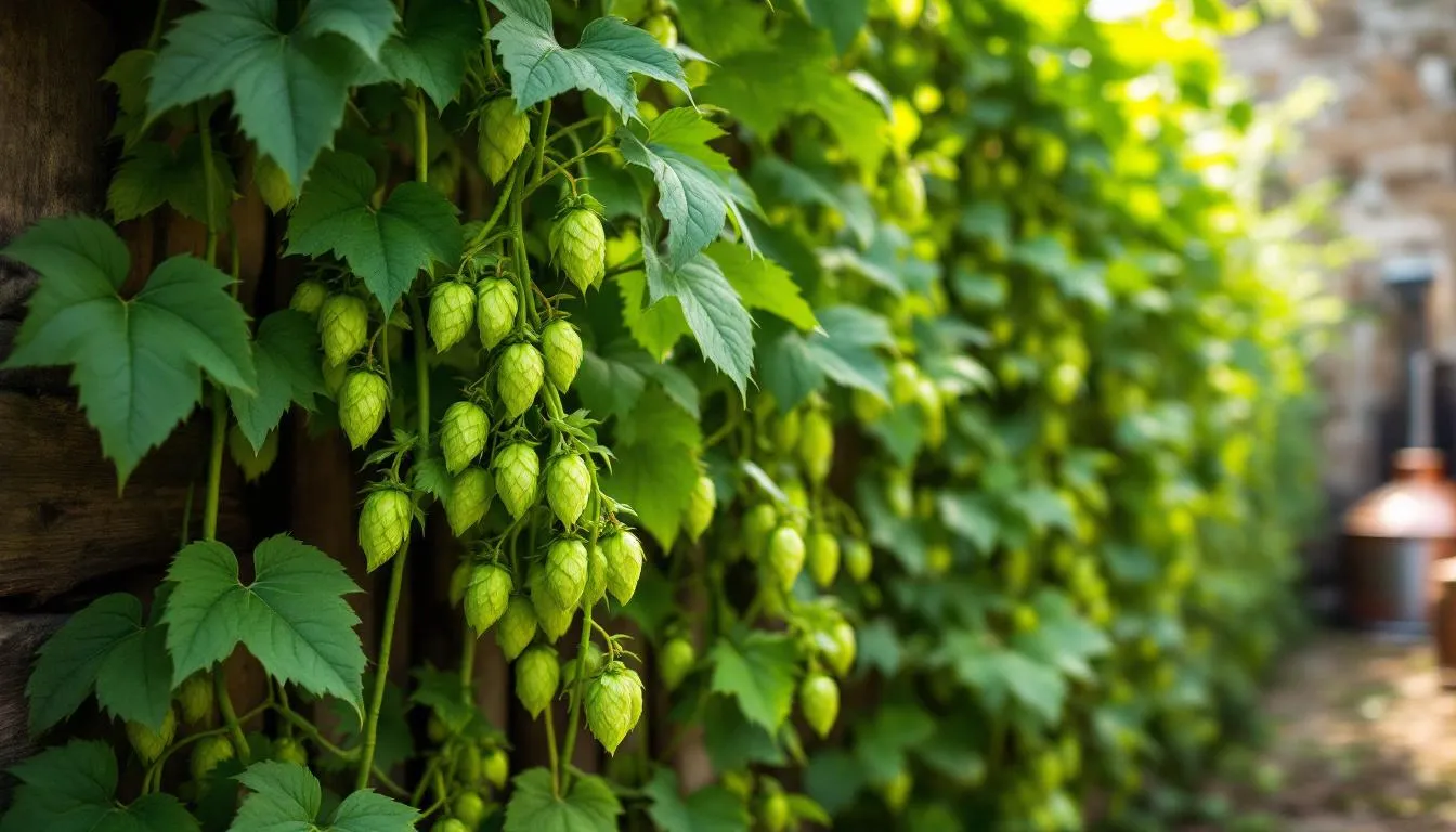 In a vibrant brewery garden, fresh hops are seen growing on climbing vines, showcasing various hop varieties used in brewing craft beers like India Pale Ale and West Coast IPA. The lush greenery and the aromatic notes of the hops highlight the essential ingredients that contribute to the hoppy character of many popular ales.