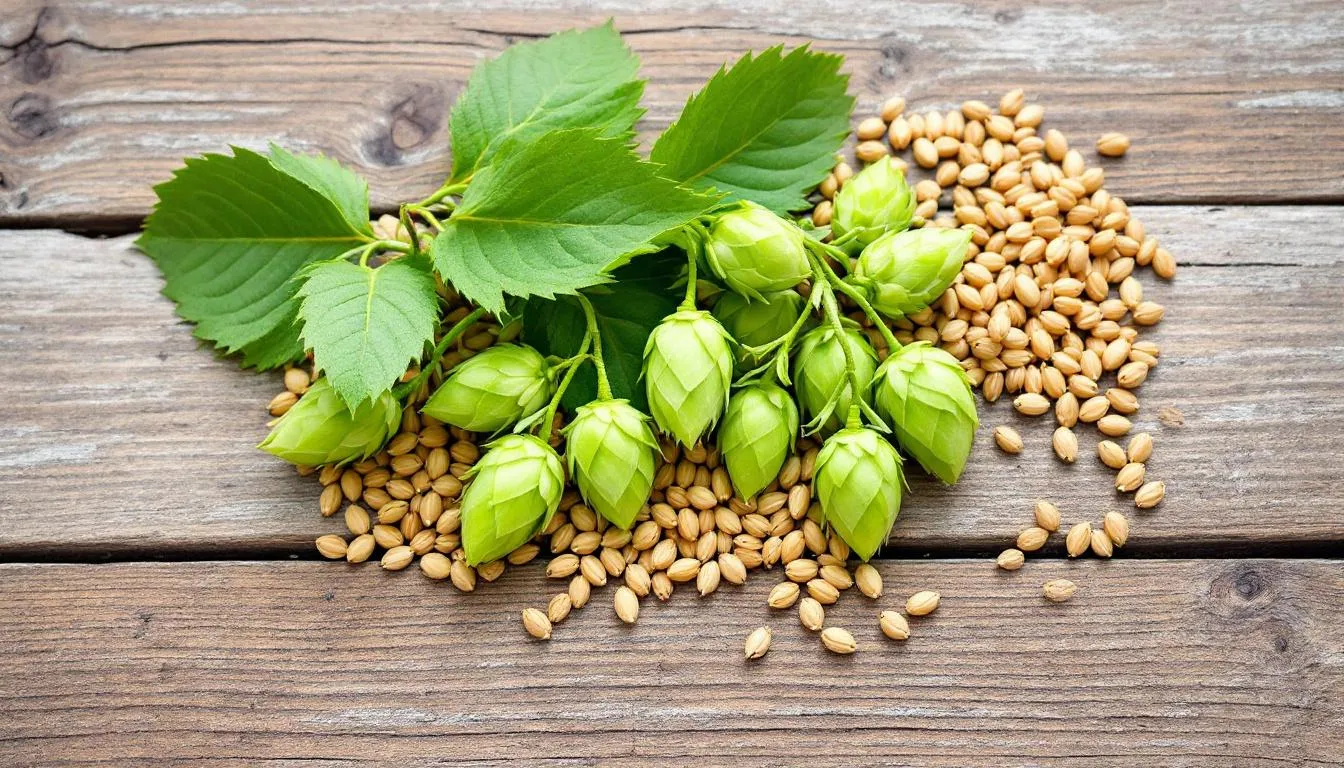 The image features fresh hop cones and malted barley grains beautifully arranged on a rustic wooden surface, highlighting the essential ingredients used in the brewing process of craft beer. This natural display reflects the quality and passion behind creating refreshing ales and lagers.