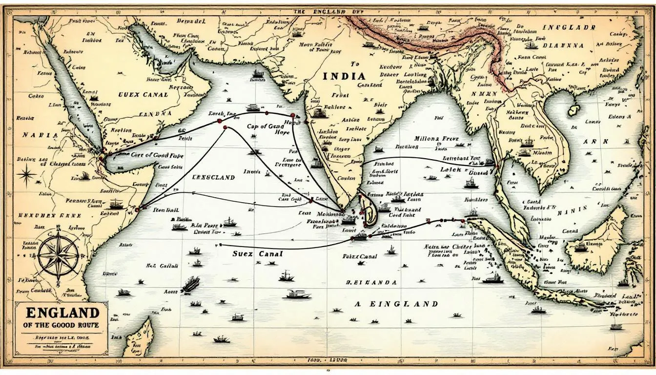 The image depicts a historical map illustrating the shipping route from England to India during the British Empire era, featuring detailed coastlines and key ports, reflecting the maritime trade connections of the time. This map serves as a reminder of the long voyages that facilitated the exchange of goods, including the popular india pale ale, which was brewed to survive these journeys.