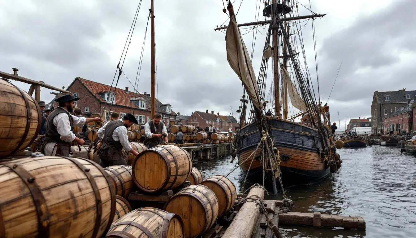 The image depicts a historical brewing scene at a British port, where wooden barrels, likely filled with various ales including india pale ales, are being loaded onto ships. This setting captures the essence of the brewing industry during the time of the British Empire, highlighting the importance of beer, especially strongly hopped pale ales, in long voyages.