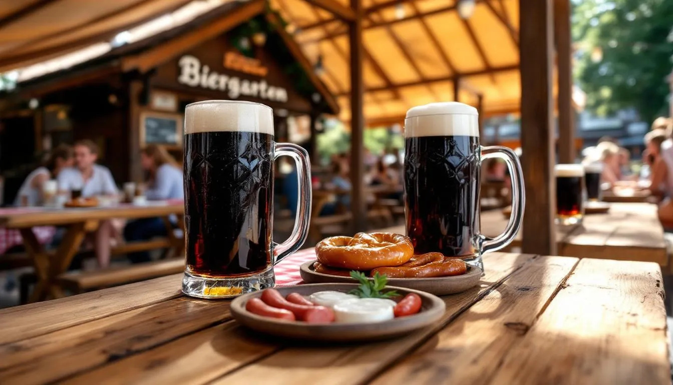 The image depicts a traditional German beer garden featuring rustic wooden tables adorned with glass tankards filled with refreshing German beer. Patrons enjoy the atmosphere, surrounded by greenery, as they savor various German beer styles, including wheat beers and lagers.