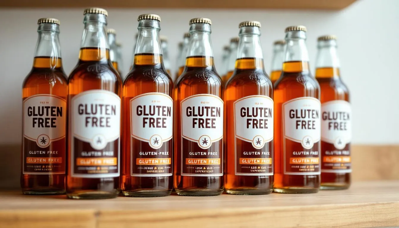 A close-up view of beer bottles on a shop shelf, featuring clear gluten-free certification labels and ingredient listings, highlighting options for gluten intolerant individuals. This selection includes various gluten free beers, showcasing their commitment to health and safety for those with coeliac disease.