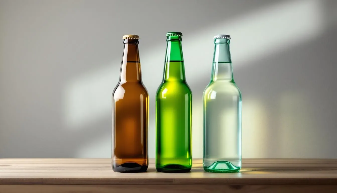 The image features three beer bottles arranged side by side: a brown bottle, a green bottle, and a clear bottle, with beams of light illustrating varying levels of UV protection. Each bottle represents different types of craft beer, showcasing their unique glass colors and the importance of light protection for preserving taste.