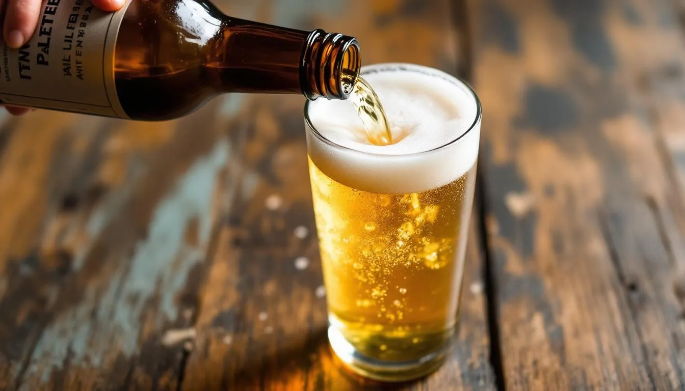 A glass of unfiltered pale ale, showcasing its natural cloudiness, is being poured from a bottle, highlighting the craft beer's rich color and inviting appearance. This refreshing brew promises a bold taste with a smooth finish, perfect for enjoying on a warm day.