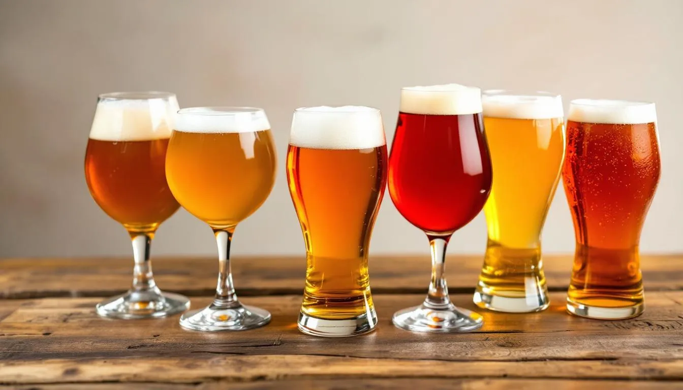 The image features a variety of IPA beer glasses showcasing different colors and styles of India Pale Ale, including vibrant hues of amber and golden tones. Each glass highlights the unique characteristics of craft brewers' creations, emphasizing the hop-forward flavors and aromatic profiles typical of both New England IPAs and West Coast IPAs.