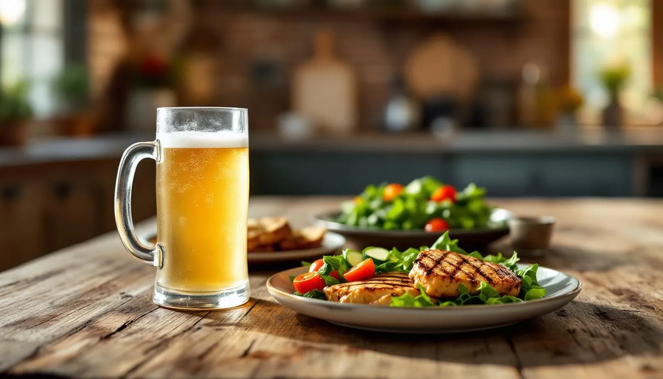 The image depicts a beautifully arranged table setting featuring a glass of pale beer, accompanied by an assortment of grilled foods and vibrant fresh salads. The pale ale, with its light brown hue, complements the meal, highlighting the refreshing and crisp flavors that pair well with the grilled dishes.