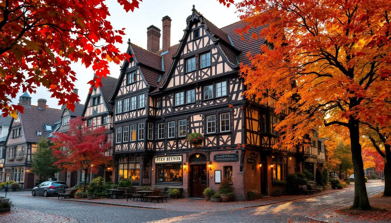 The image depicts a historic German brewery building featuring traditional architecture, surrounded by vibrant autumn foliage. This picturesque setting evokes the rich brewing history of Germany, where styles like Märzen and Vienna lager are celebrated for their full body and bready malt flavor.