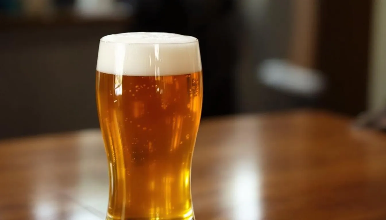 A traditional German wheat beer glass filled with a cloudy wheat ale, showcasing a proper head formation, reflects the refreshing qualities of this beer style. The hazy appearance hints at fruity aromas and flavors typical of wheat beers, making it an inviting choice for beer enthusiasts.
