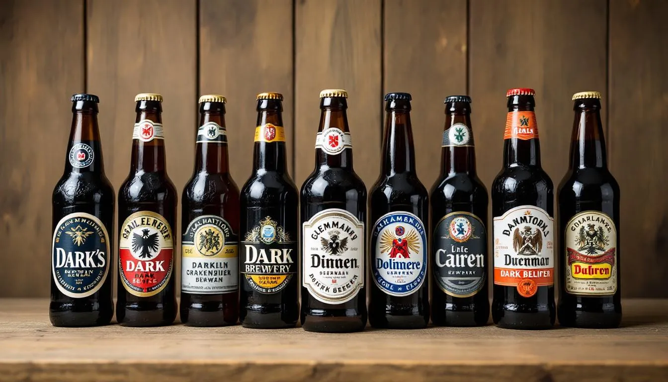 The image features a collection of dunkel beer bottles from various traditional German breweries, showcasing their dark brown hues and rich labels. Each bottle represents the unique flavor profile of dunkel lagers, with hints of roasted malts, caramel sweetness, and the characteristic malt flavors typical of Munich malts.