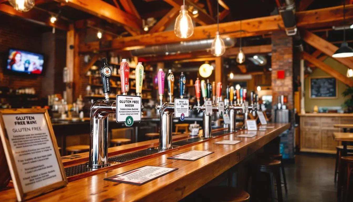 The image depicts the interior of a craft brewery taproom featuring multiple gluten-free beer taps, each clearly labeled with informative signage about the gluten content. This inviting space highlights a selection of naturally gluten-free beers, catering to those with gluten intolerance or coeliac disease.