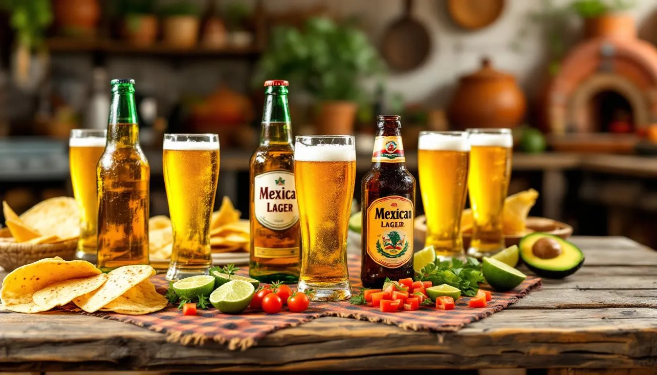 The image showcases a variety of Mexican lagers, including popular brands like Corona and Modelo, beautifully arranged alongside traditional Mexican food items such as tacos and lime wedges. The vibrant colors and textures of the food complement the crisp, refreshing bottles of beer, creating an inviting scene perfect for a hot day.