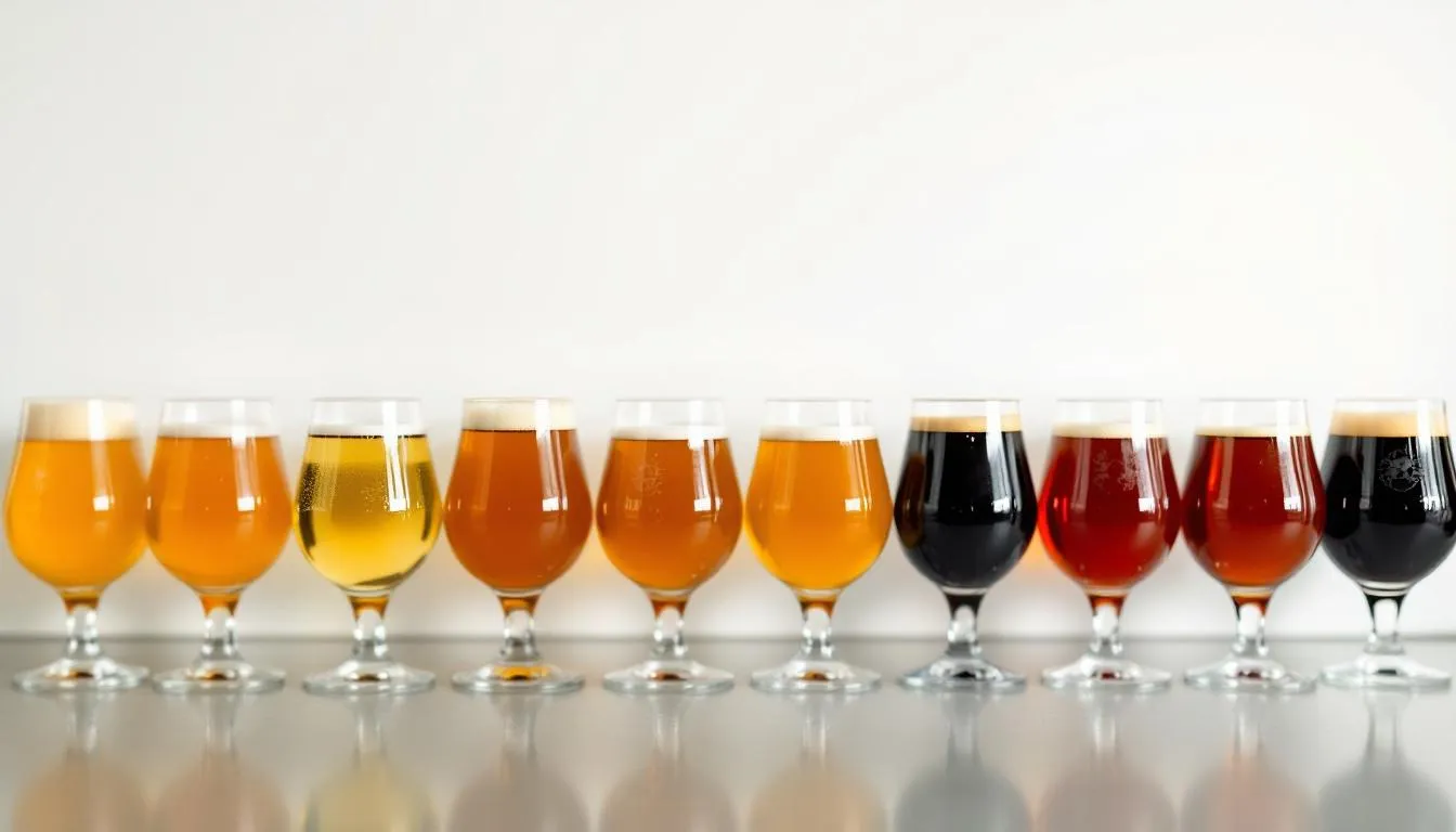 The image displays an array of different India Pale Ale (IPA) styles in various glasses, showcasing a spectrum of colors from golden to amber to dark. Each glass represents a unique beer style, highlighting the diversity of flavors and aromas found in craft beers, particularly the hop-forward characteristics of IPAs.