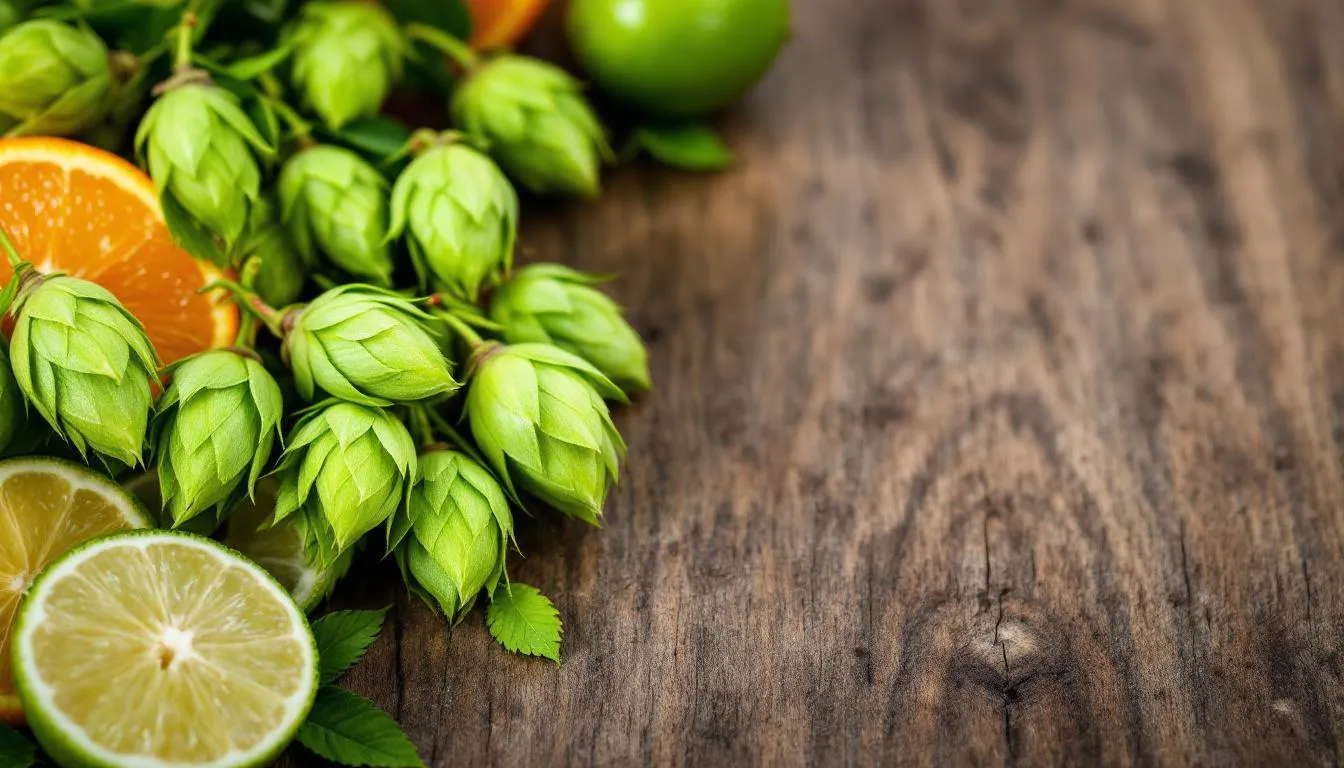 The image features a close-up view of fresh hop cones alongside vibrant citrus fruits, highlighting the key flavor components of India pale ale (IPA) beer. This arrangement showcases the hoppy and fruity notes that are characteristic of craft brewers' hop-forward beers.