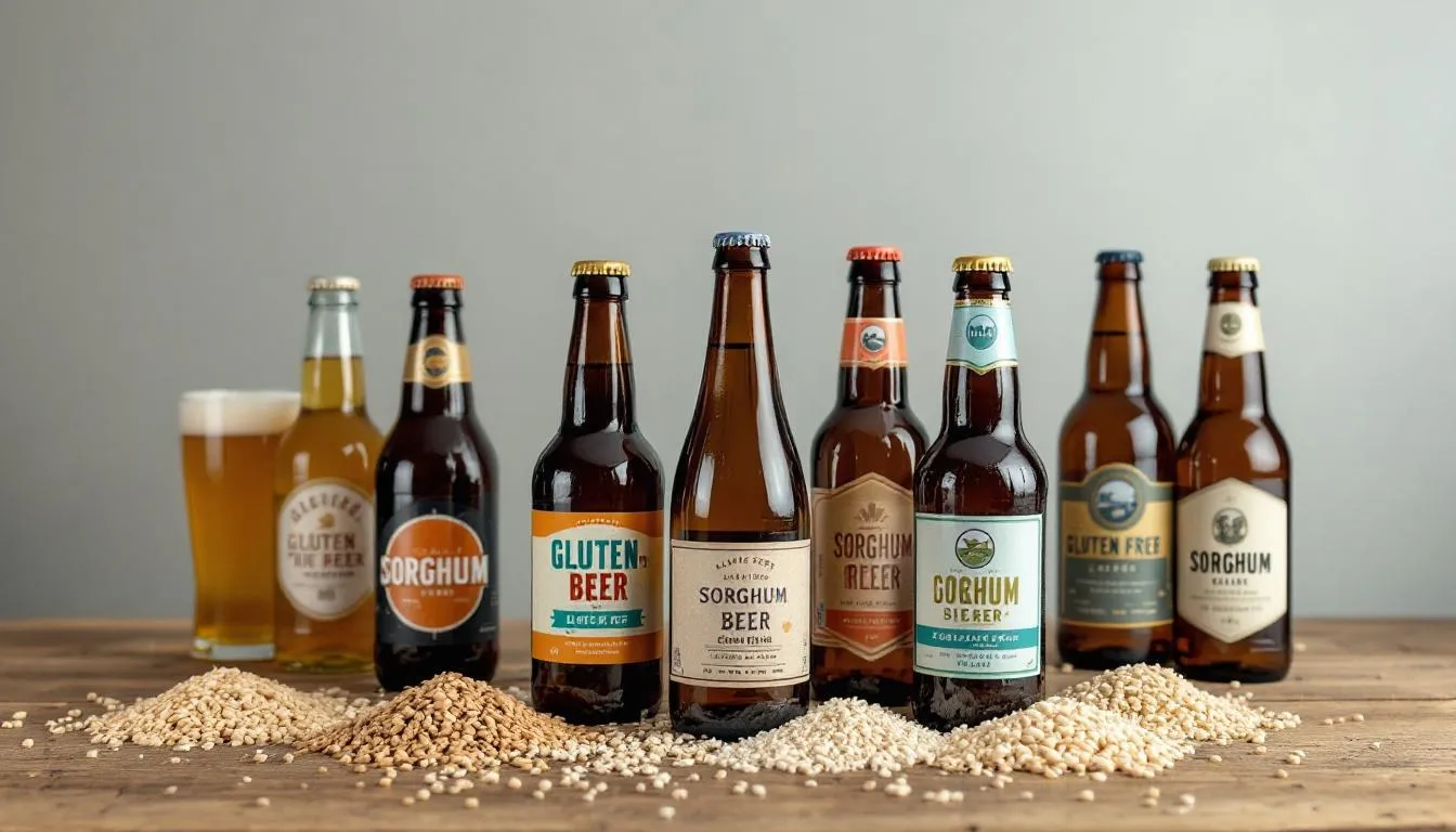 The image features an assortment of gluten free beer bottles arranged on a rustic wooden table, accompanied by scattered grains like sorghum and rice, highlighting options for those with gluten intolerance or coeliac disease. This display emphasizes the variety of naturally gluten free beers available for health-conscious consumers.