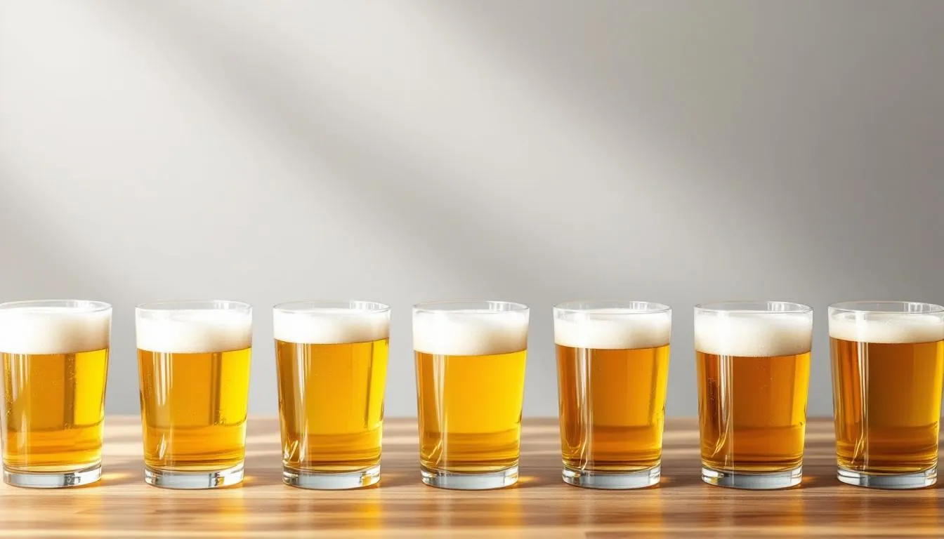 The image features various glasses of pale beer, showcasing a spectrum of colors ranging from golden to light amber, highlighting the diversity of beer styles such as pale ales and India pale ales. Each glass reflects different hues and characteristics, emphasizing the crisp and refreshing nature of these popular brews.
