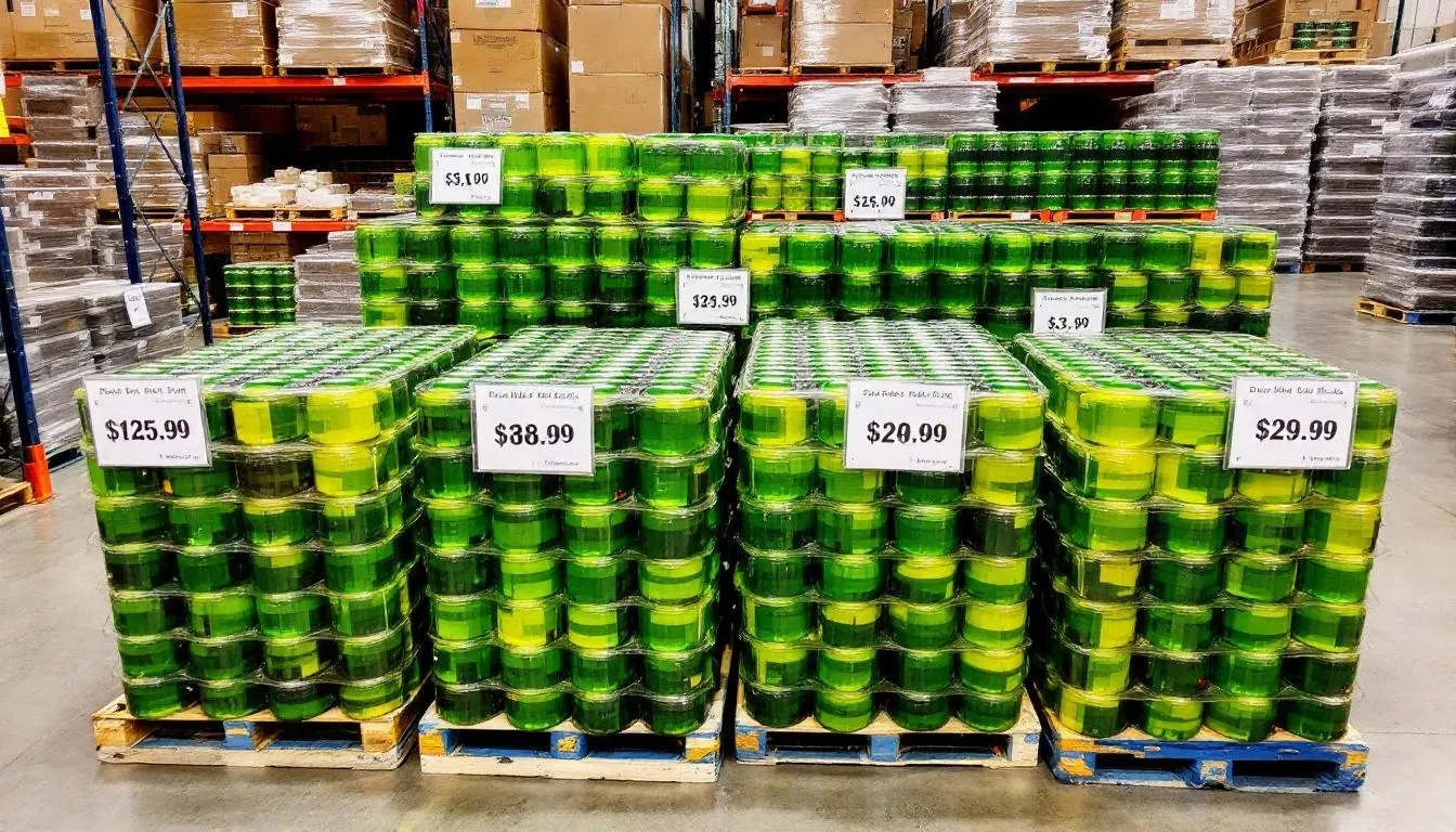 The image depicts a warehouse display featuring neatly organized pallets of green beer bottles in various sizes, each with clear pricing labels. The green glass bottles are ready for sale, showcasing a variety of craft beer options available for customers.