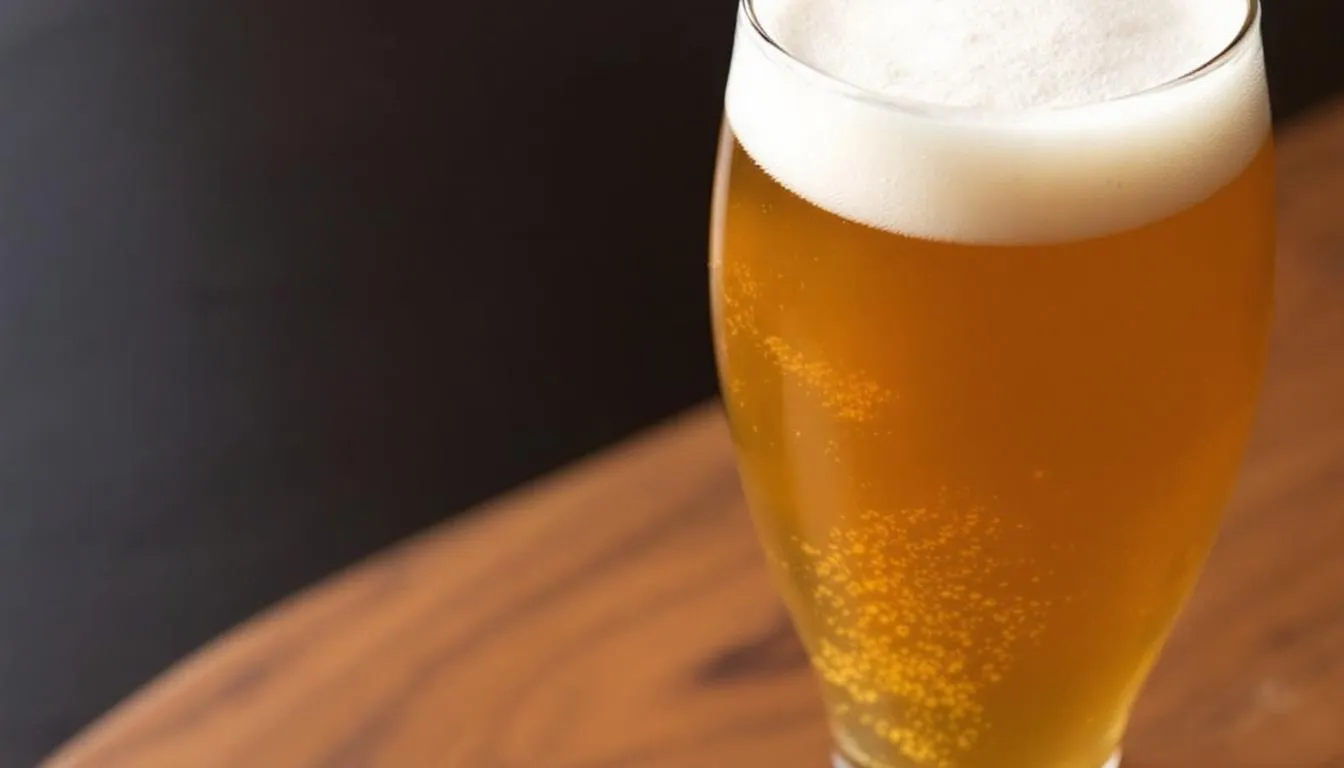 A tall curved glass filled with traditional German wheat beer showcases its characteristic cloudy appearance, hinting at fruity flavors like banana and clove. This refreshing beverage, often associated with styles such as hefeweizen and witbier, is perfect for those looking to enjoy a light and flavorful drink.