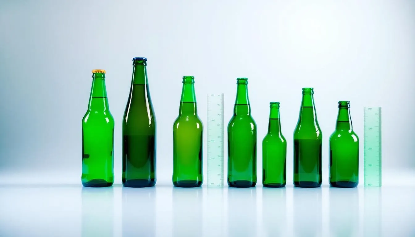 The image features a variety of green beer bottles arranged by size, showcasing 200ml, 330ml, and 500ml options alongside measuring rulers for reference. The bottles, made of green glass, highlight different capacities commonly used for craft beer and other brewed beverages.
