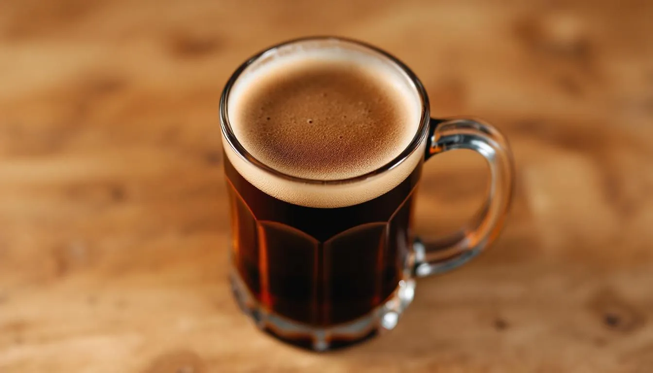 A traditional German glass is filled with dark brown dunkel beer, showcasing reddish highlights that hint at its rich flavor profile. This dark lager features roasted malt notes and a subtle caramel sweetness, inviting a sip of its complex taste.