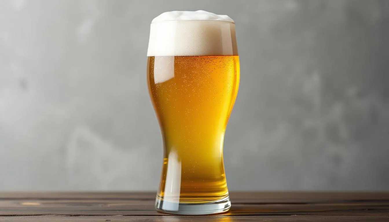 A traditional German wheat beer glass is filled with a cloudy hefeweizen, showcasing the beer's characteristic light body and refreshing taste. This classic German beer style, brewed with yeast and malt, is perfect for enjoying with friends at any festive occasion.