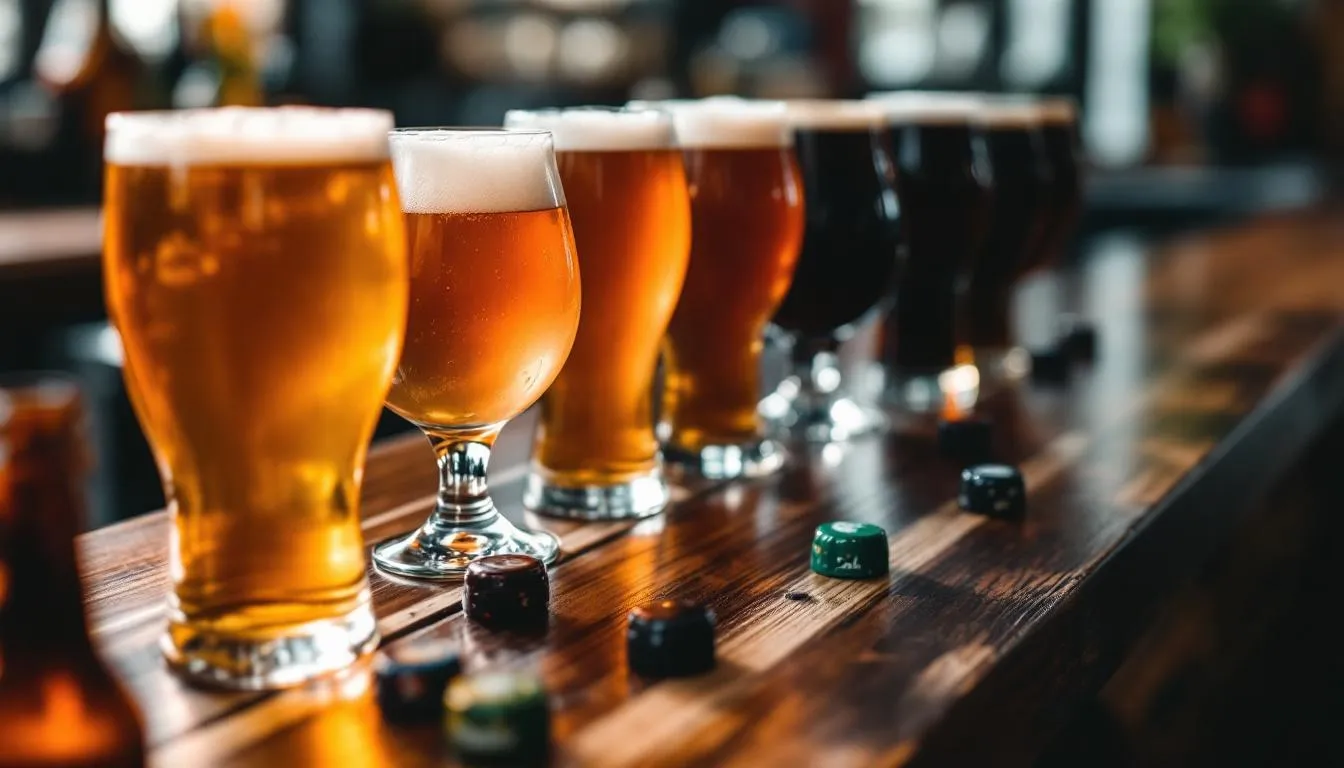 A selection of various beer glasses filled with different colored IPAs, including a hazy double IPA and a bright west coast IPA, are elegantly arranged on a bar counter, showcasing the vibrant hues and unique hop character of craft beers. The scene captures the essence of American ales with their fruity and citrusy aromas, inviting beer enthusiasts to explore the diverse styles of India pale ales.