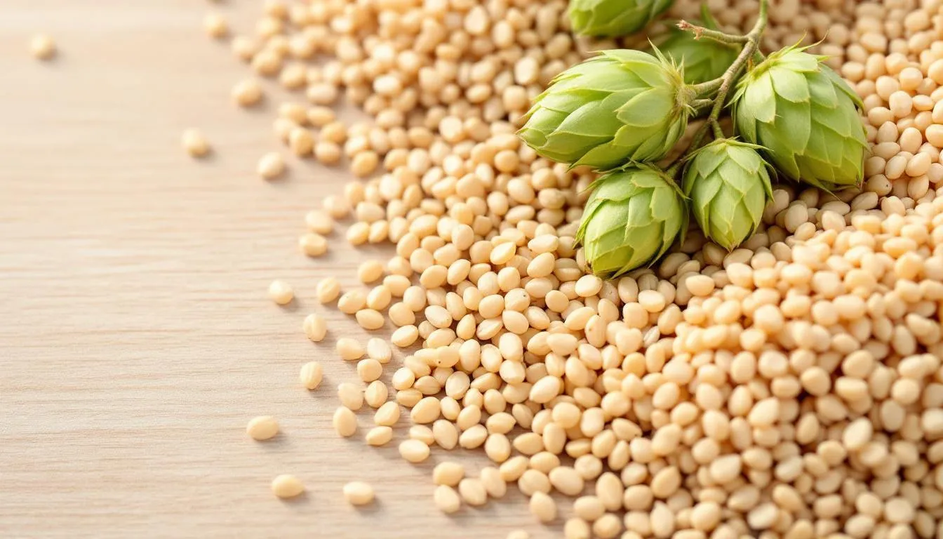 The image features a close-up view of pale malt grains alongside vibrant green hop cones, highlighting the primary ingredients essential for brewing pale ales, such as American hops and pale malts. This arrangement showcases the rich textures and colors that contribute to the flavor and aroma of classic pale beer styles.