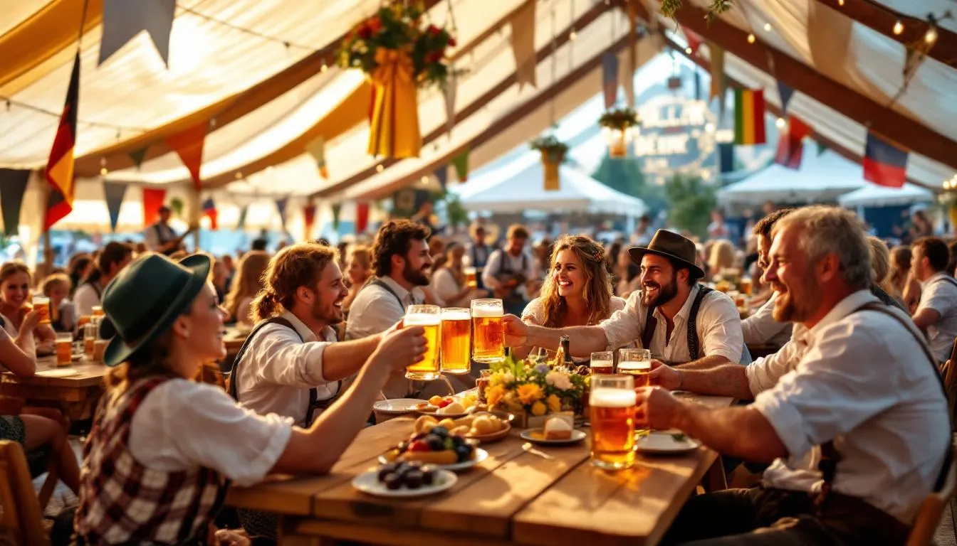 The image depicts a lively traditional German beer festival scene, where people are joyfully celebrating with large bock beer steins filled with dark brown liquid. The atmosphere is festive, highlighting the rich malt sweetness and hop bitterness characteristic of various bock beer styles, as attendees enjoy the flavors and warmth of this beloved beverage.