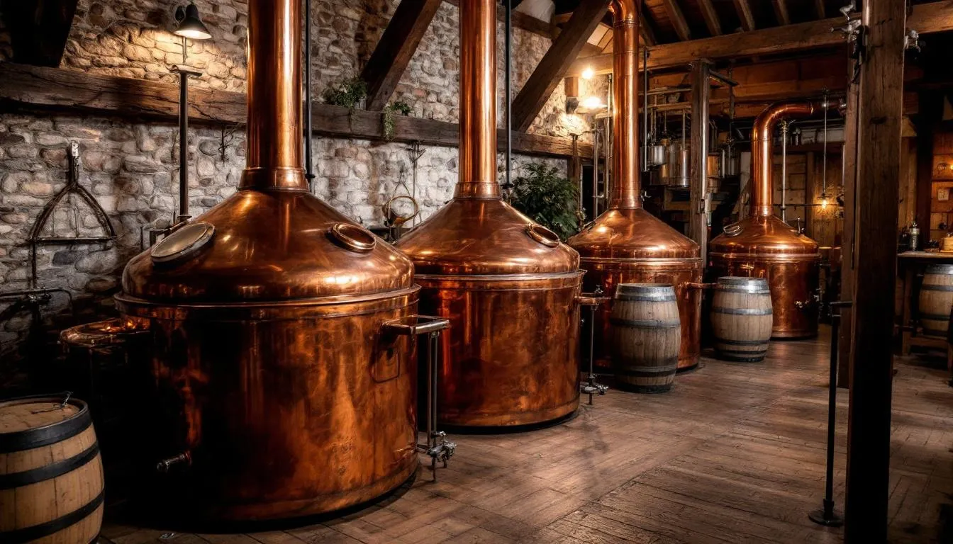 The image features traditional copper brewing kettles set in a rustic brewery environment, highlighting the brewing process that creates award-winning craft beers. The warm glow of the kettles reflects a commitment to quality and passion for brewing, inviting visitors to experience the rich flavors of ales and lagers produced in this charming setting.