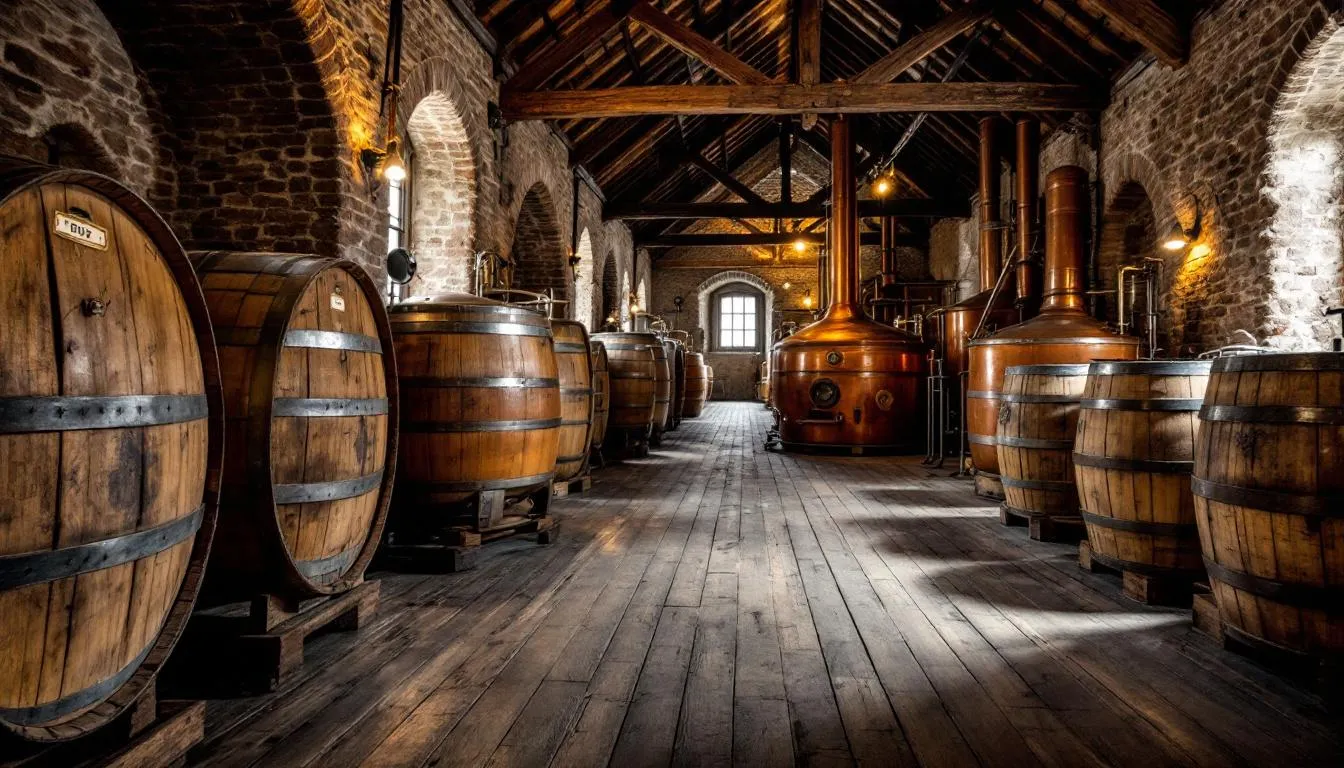 The image depicts a historic German monastery brewing hall filled with wooden barrels and traditional brewing equipment, reflecting the rich history of brewing bock beers. The warm, dark brown tones of the environment evoke a sense of malt sweetness and the craftsmanship behind creating various bock beer styles.