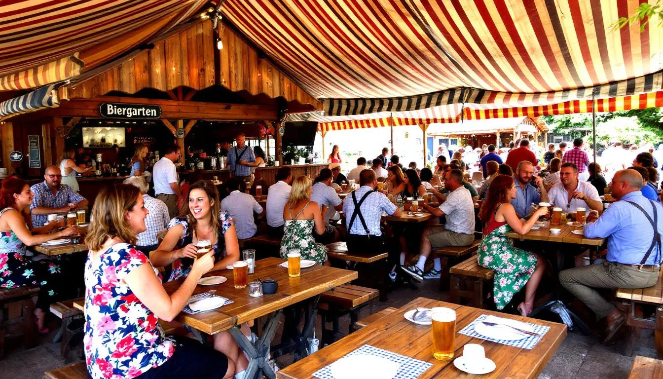 The image depicts a lively traditional European beer garden filled with wooden tables where people are enjoying various styles of beer, including pale lager and mild ale. The atmosphere is vibrant as patrons sip their drinks, showcasing the rich culture of beer production and brewing in a picturesque outdoor setting.