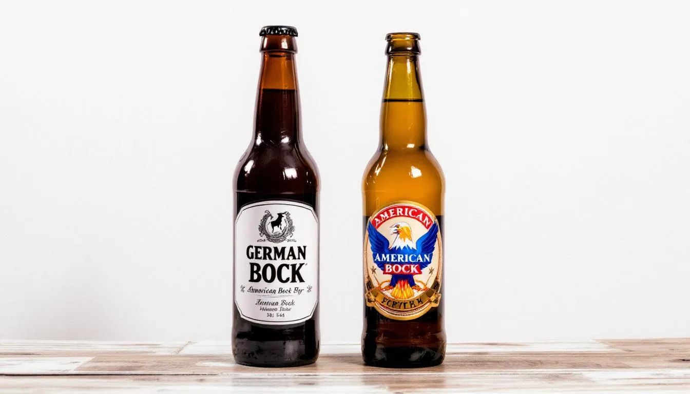 The image showcases a side-by-side comparison of German and American bock beer bottles, highlighting their distinct label designs and bottle shapes. The German bock beer features a traditional dark brown bottle with rich malt sweetness, while the American version presents a more modern design, emphasizing hop presence and a slightly sweet flavor profile.