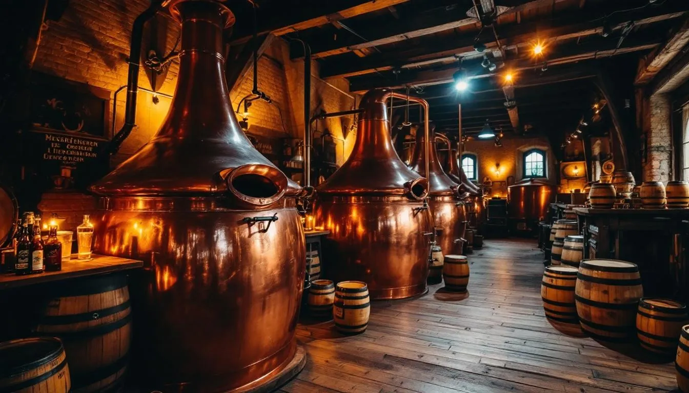 The image depicts a traditional German brewery featuring gleaming copper kettles and rustic wooden barrels, evoking a sense of history and craftsmanship in brewing German beers. This setting highlights the art of brewing, where various German beer styles, including wheat beer and dark lager, are crafted.
