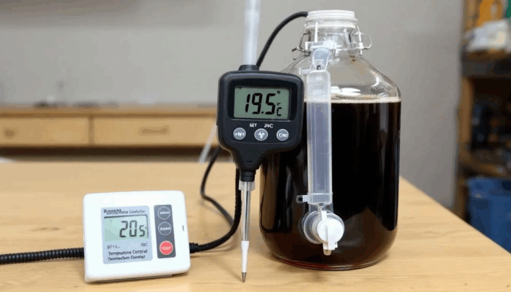 A temperature controller and thermometer are positioned next to a fermentation vessel, illustrating an effective setup for monitoring fermentation temperature. This setup is crucial for achieving the desired alcohol content and attenuation in the brewing process.