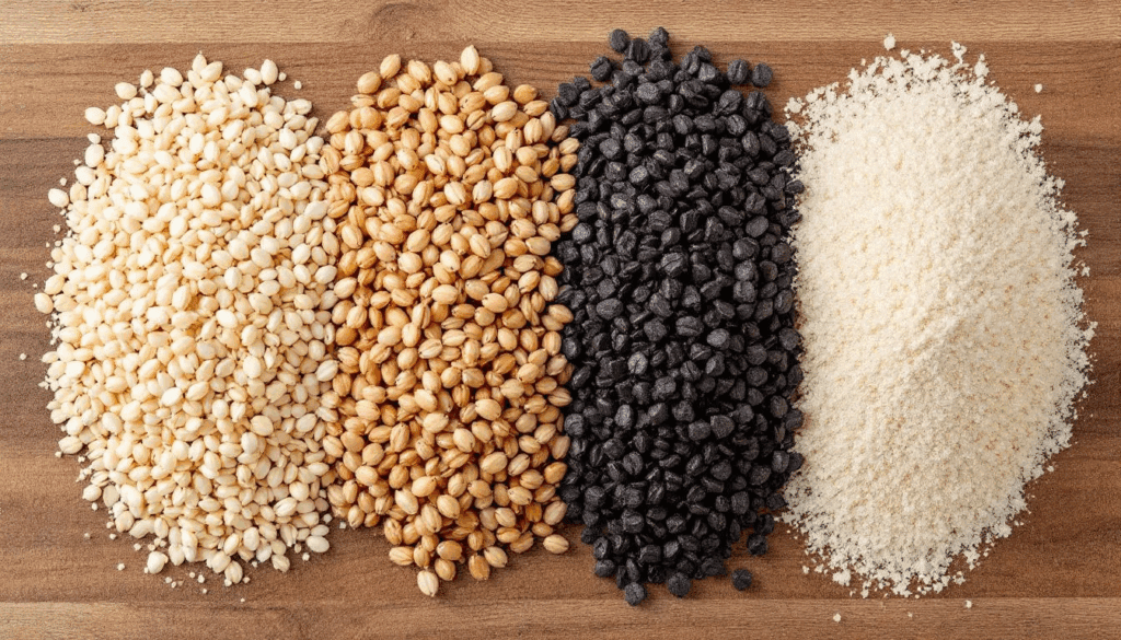 The image features a variety of grains and malts laid out on a wooden surface, showcasing their diverse colors and textures, which are essential ingredients in the brewing process of beer. These grains play a crucial role in determining the alcohol content and flavors of the final product, making them vital for calculations related to original and final gravity in fermentation.