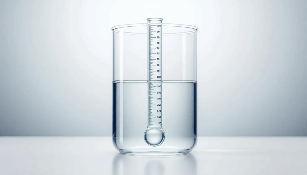 A hydrometer is floating in a test jar, displaying a specific gravity reading on its measurement scale, which is essential for calculating alcohol by volume (ABV) in beverages like beer and wine during the fermentation process. The clear liquid in the jar allows for an accurate assessment of the alcohol content.