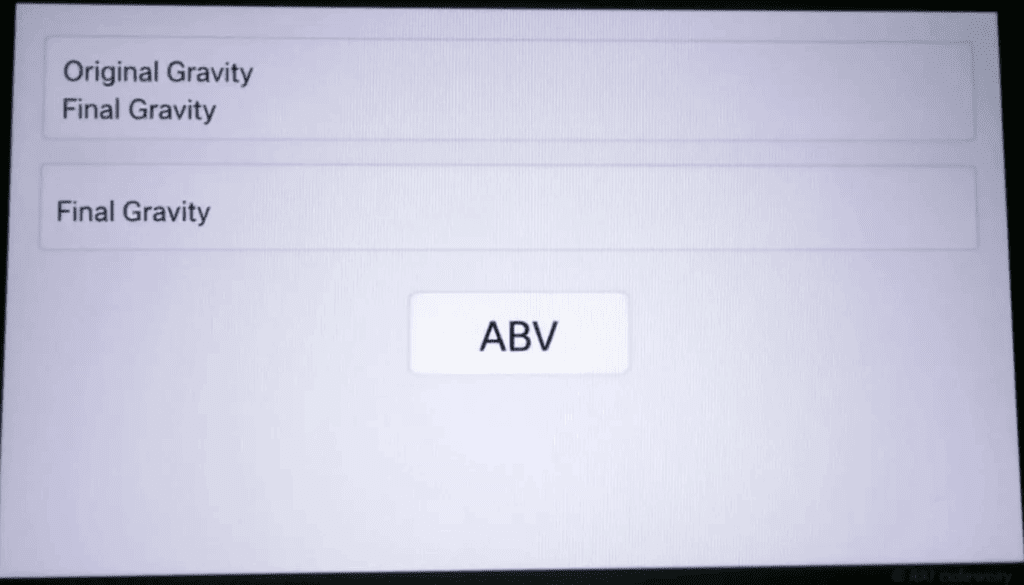 The image depicts a digital ABV calculator interface featuring input fields for original gravity and final gravity, along with the calculated results for alcohol by volume (ABV). This tool is designed to help users determine the alcohol content of their beverages, such as beer and wine, based on specific gravity readings.