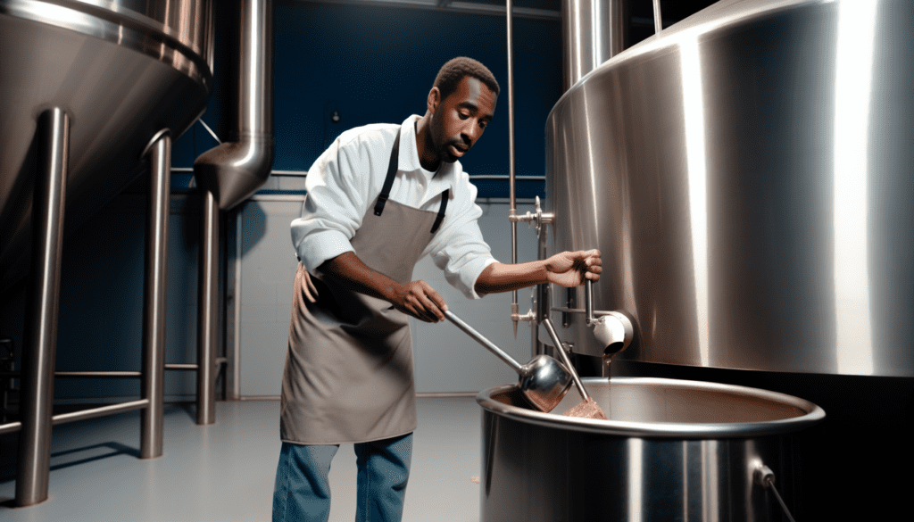 Craft brewer inspecting lager beer during the brewing process
