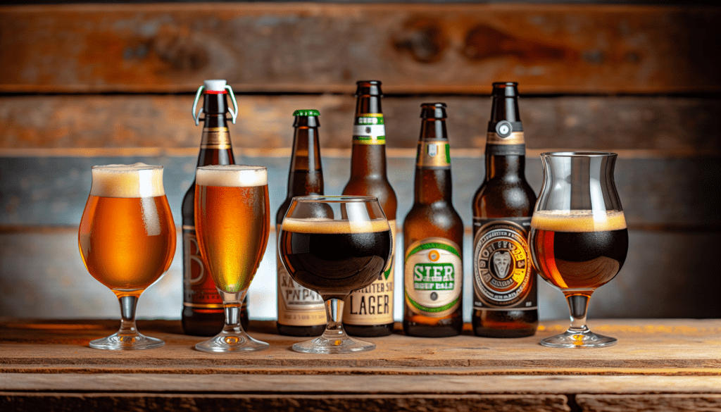 Variety of lager beer styles in bottles and glasses