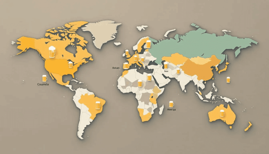 The image displays a world map highlighting beer consumption statistics, accompanied by various beer glasses representing different countries. This visual illustrates the global culture of drinking beer and the popularity of craft beer and other alcoholic beverages among people around the world.