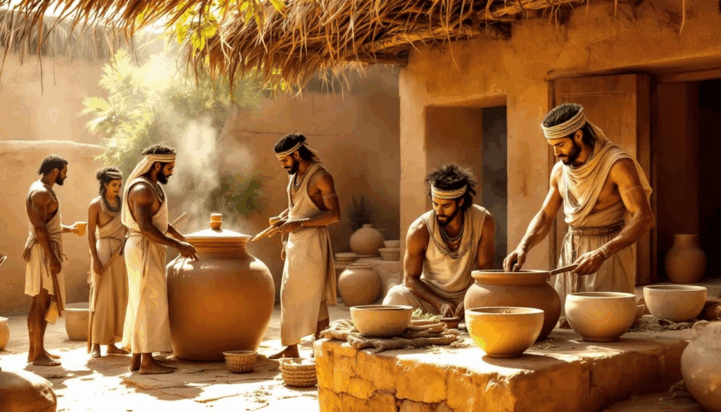 In this image, ancient Egyptian workers are depicted brewing beer using traditional clay vessels and tools, showcasing the historical significance of beer production in their culture. This scene highlights the early methods of crafting alcoholic beverages, reflecting the long-standing popularity of beer in social and communal settings.