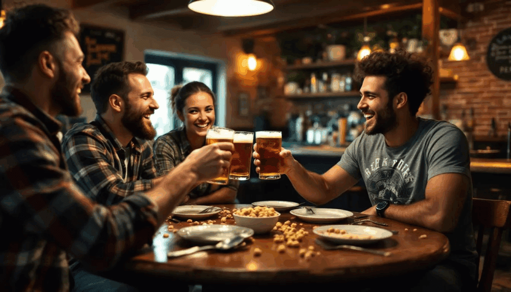 In a cozy pub setting, a group of friends joyfully laughs and toasts with their glasses of craft beer, celebrating the social culture surrounding alcoholic beverages. The warm atmosphere reflects the popularity of drinking beer as a favorite pastime in many communities.