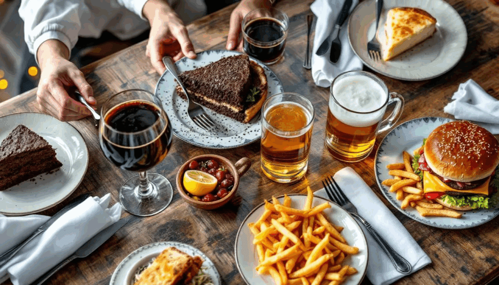 An elegant table setting showcases various beer styles, including craft beer, paired with an array of delicious foods, highlighting the social culture of drinking beer and the importance of flavors in the beer industry. The image captures the essence of enjoying alcoholic beverages in a communal atmosphere, perfect for gatherings with friends.