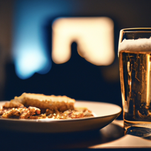 A plate of food with a glass of pilsner beer