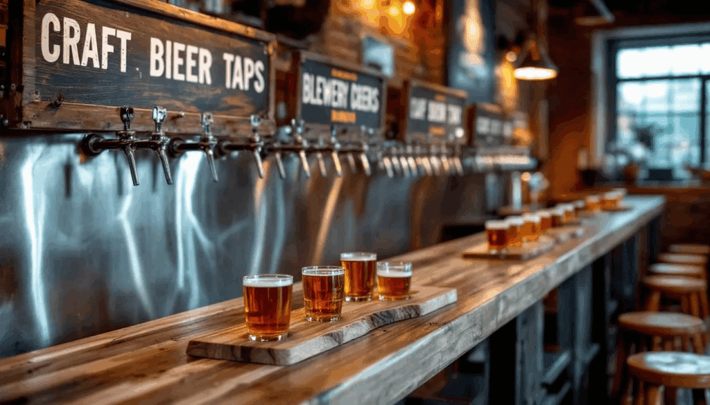 In a lively craft brewery taproom, multiple beer taps line the bar, showcasing a variety of craft beers. Wooden boards display flights of beer samples, inviting patrons to explore different flavors and enjoy the social atmosphere of this popular drinking establishment.